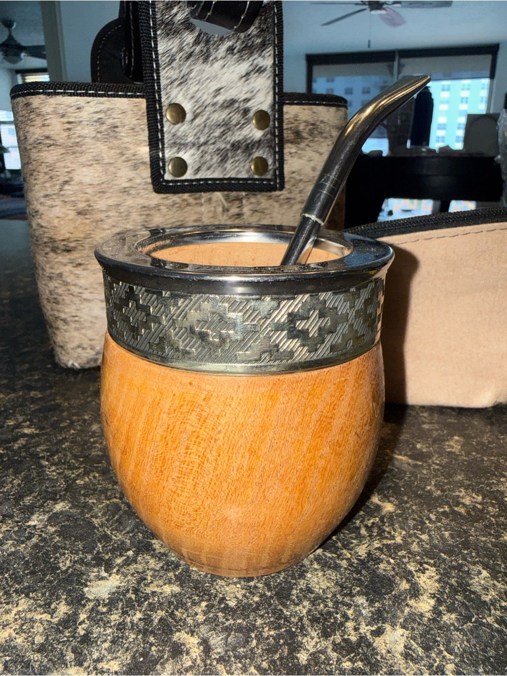Wood and Alpaca Yerba Mate Cup with Bombilla – Natural Brown